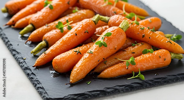 Fototapeta Steaming honey glazed carrots on a slate serving plate. Sprinkled with microgreens and herbs. Served as a side dish. Close up.