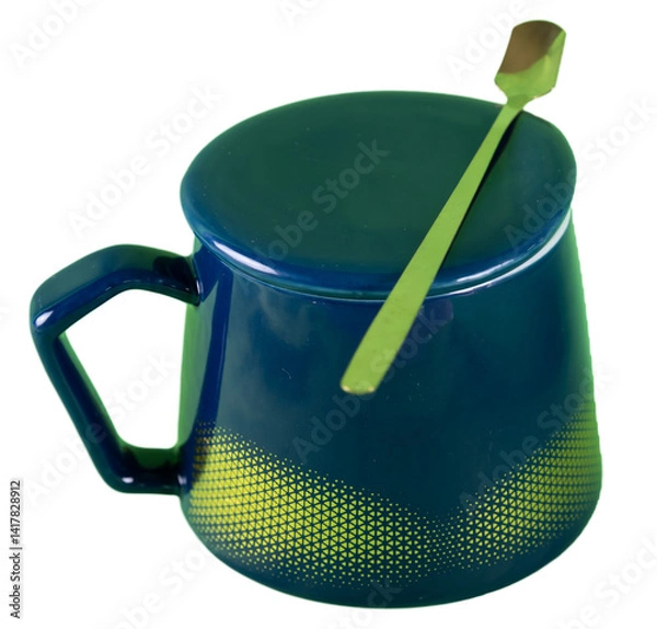 Fototapeta ceramic mug with a lid and a spoon on transparent background