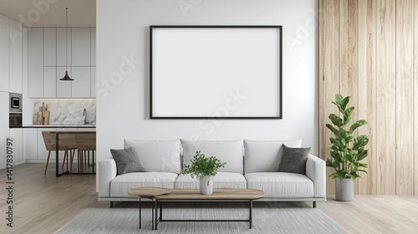 Fototapeta Modern living room featuring a stylish couch and elegant coffee table creating a cozy and inviting atmosphere