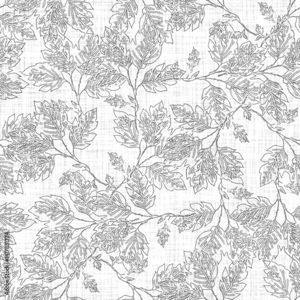 Fototapeta White neutral minimal floral bloom motif with linen effect texture for baby nursery seamless background. Modern muted simple soft pattern for wallpaper, home decor, white grey design. 