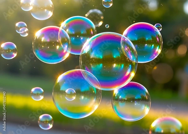 Fototapeta Colorful Soap Bubbles, Rainbow Colorful Soap Bubbles Reflecting Light Against a Nature Background