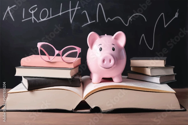 Fototapeta Scholarship concept for student and college success. College and university tuition. Investment, scholarship, loan. Pink piggy bank on book with chalkboard background. 