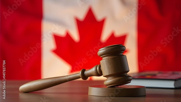 Obraz Maple wood gavel with nickel over Canadian flag. Minimalist legal symbolism with clean contrast.