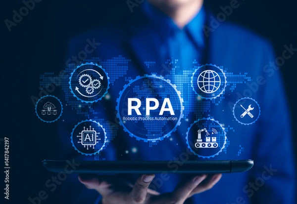 Obraz RPA - Robotic Process Automation Technology. Businessman holding tablet with RPA icons, symbolizing intelligent automation, AI integration, and modern workflow efficiency across global networks.