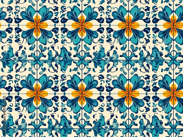 Fototapeta A beautiful tiled pattern with blue and orange stylized motifs