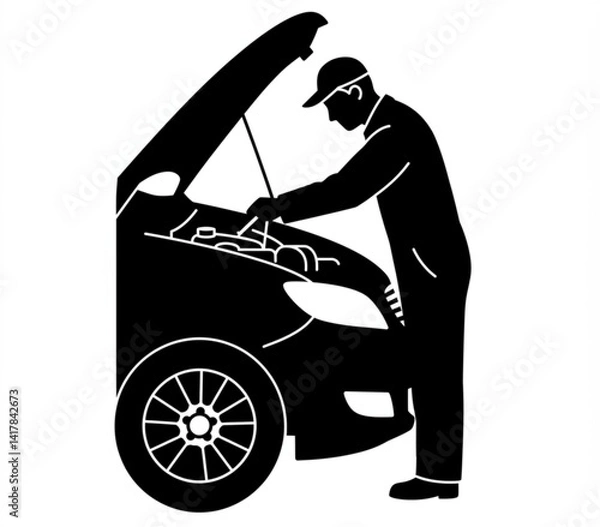 Obraz Icon of a mechanic working on a car engine with an open hood