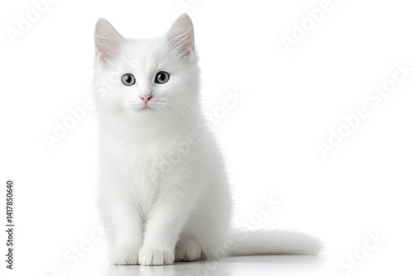 Fototapeta White cat sitting calmly on a white background, showcasing its soft fur and curious expression