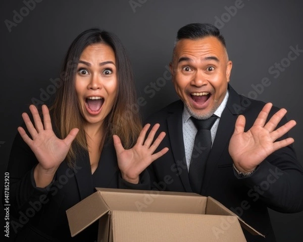 Obraz A joyful couple expresses surprise and excitement while unboxing a mystery package, showcasing their enthusiasm with wide smiles and open hands.
