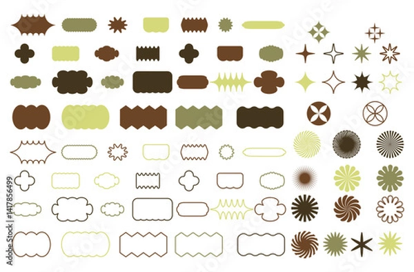 Fototapeta Minimalistic brutal shape sticker set. Vector geometric star shaped icons. Circles and rectangles with wavy zigzag edges.