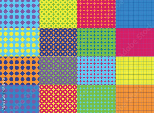 Fototapeta Textured vector backgrounds with simple and fun repeating patterns. Abstract colorful funky backgrounds for cards, posters, covers, banners, or branding