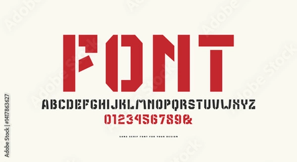 Obraz Stencil-plate sans serif font in the military style. Letters and numbers for logo and emblem design. Color print on white background