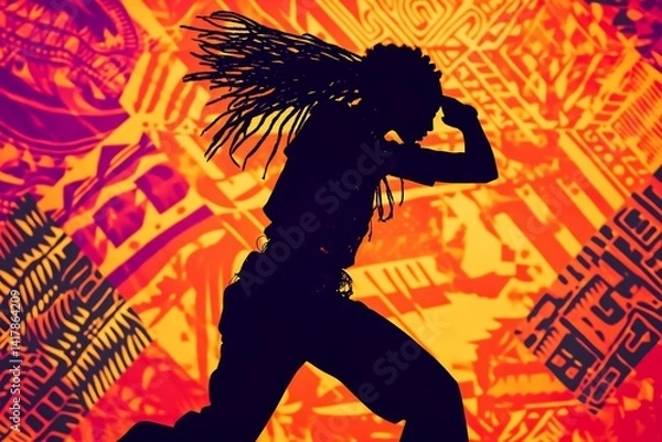 Fototapeta Silhouette of tribal dancer mid motion set against vibrant background of bold tribal patterns in bright oranges reds and purples emphasizing the energy and rhythm of the dance Tradition culture rhythm