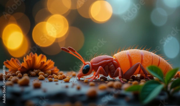 Fototapeta A red ant is eating from a pile of food. The scene is set in a garden with flowers and plants. Scene is peaceful and serene, as the ant is enjoying its meal in a natural setting