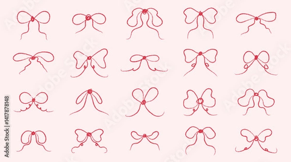 Fototapeta Set of hand drawn pink bows on a pink background. Gif ribbons in hand drawn styles. Fashionable vector illustration. Hair accessory. Bows knot for gift wrapping