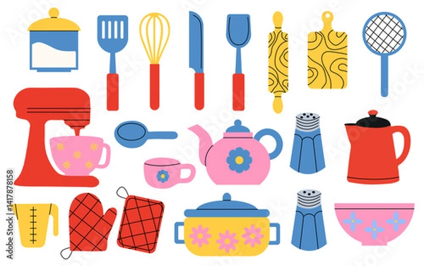 Fototapeta Set of kitchenware. Cooking tools, utensil, equipment and cutlery. Set for baking and dough preparation. Flat vector illustrations of cookware objects isolated on white background.