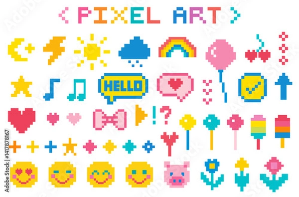 Fototapeta Game icon set, vector mobile app element. Pixel art objects isolated on white background. Game artefact icon in 8 bit style. Pixel graphic symbols group collection. Face, stars, bow, flowers, sweets