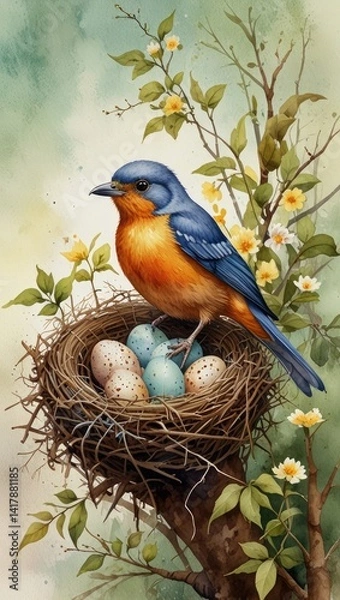 Obraz A colorful bird sits in its nature-made nest with eggs on a tree branch, a beautiful sight of wild avian life