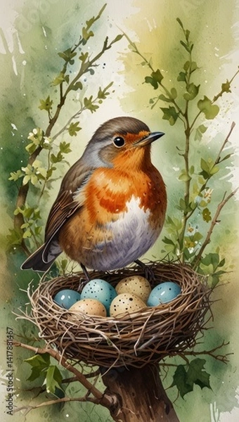 Obraz A colorful bird sits in its nature-made nest with eggs on a tree branch, a beautiful sight of wild avian life