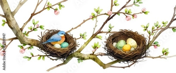 Fototapeta A colorful bird sits in its nature-made nest with eggs on a tree branch, a beautiful sight of wild avian life