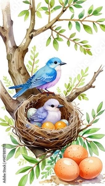 Fototapeta A colorful bird sits in its nature-made nest with eggs on a tree branch, a beautiful sight of wild avian life