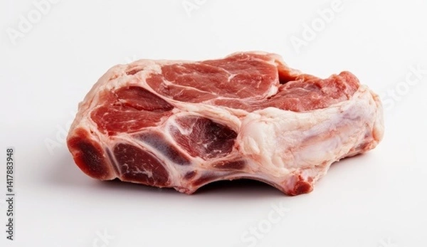 Obraz Raw pork chop with bone on a white surface close up.