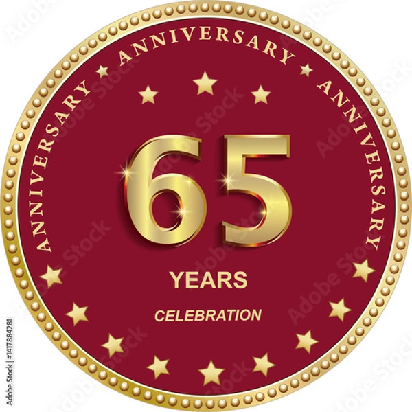 Obraz 65 years anniversary vector golden design on red background with stars in round frame for celebration, congratulation and greeting card, banner, logo, icon