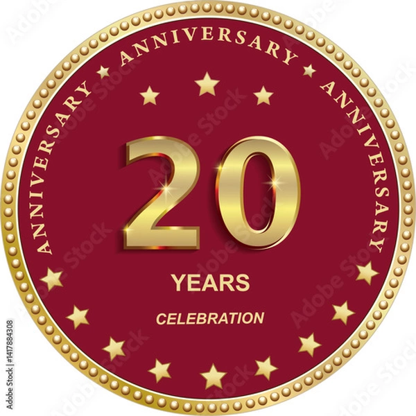 Obraz 20 years anniversary vector golden design on red background with stars in round frame for celebration, congratulation and greeting card, banner, logo, icon