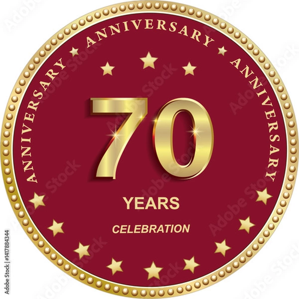 Obraz 70 years anniversary vector golden design on red background with stars in round frame for celebration, congratulation and greeting card, banner, logo, icon
