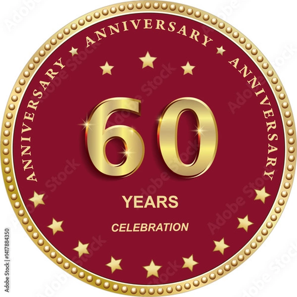 Obraz 60 years anniversary vector golden design on red background with stars in round frame for celebration, congratulation and greeting card, banner, logo, icon