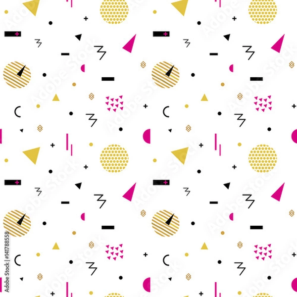 Fototapeta Memphis seamless pattern 80's-90's styles. Trendy . Colorful geometric background, different shapes. Vector Illustration