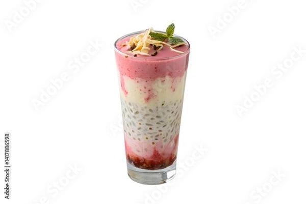 Fototapeta Falooda in a tall glass, layered look, placed in center with a white background