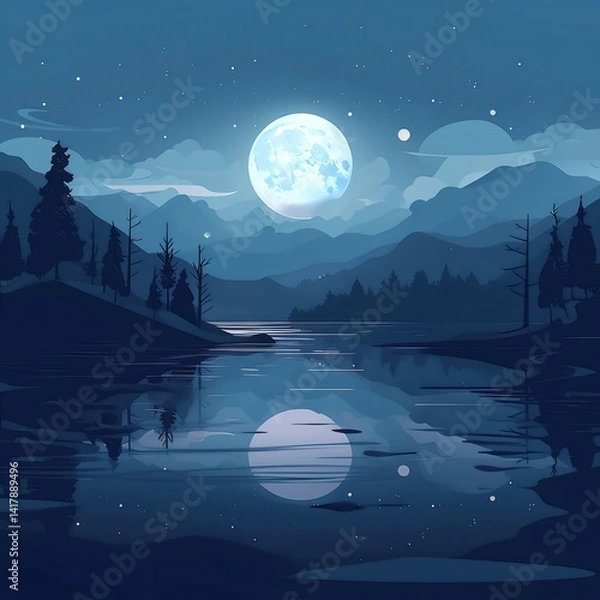 Obraz 月明かりの下の湖の夜景 青色の風景に山と湖の反射 光と影の幻想的なデジタルアート
