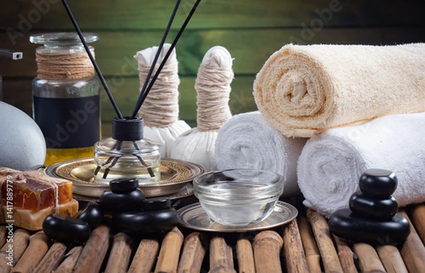 Fototapeta Spa treatment with candles and towel on wooden table, closeup