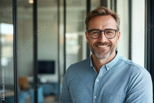 Obraz Man with glasses smiles in office setting with glass wall background.