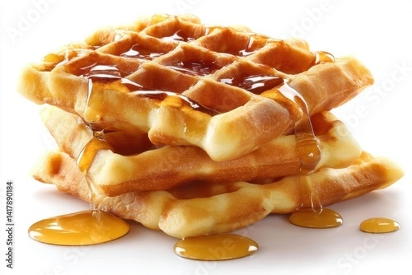 Fototapeta Delicious waffles stacked high with golden maple syrup in bright light on a white background
