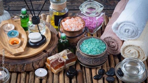 Fototapeta Spa treatment with candles and towel on wooden table, closeup