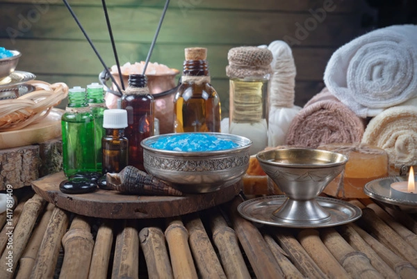 Fototapeta Spa treatment with candles and towel on wooden table, closeup