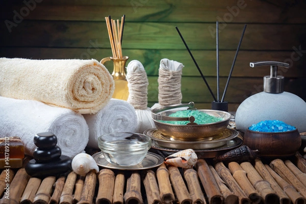 Fototapeta Spa treatment with candles and towel on wooden table, closeup