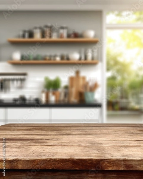 Fototapeta Rustic wooden tabletop against soft focus modern kitchen interior backdrop creating warm inviting ambiance