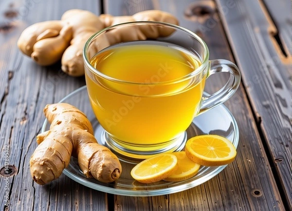 Obraz Refreshing Ginger Lemon Tea in Glass Cup on Rustic Wooden Table