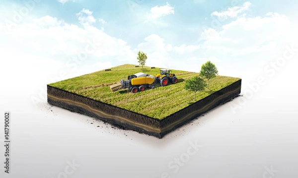 Fototapeta 3d illustration of a soil slice, Collection of straw by a combine harvester in bales isolated on white background