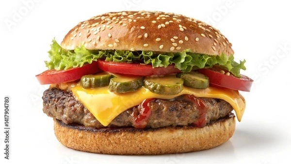 Fototapeta Delicious hamburger with fresh ingredients, isolated on a white background, ready to be eaten.