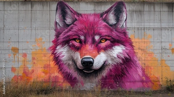 Obraz Pink wolf graffiti mural on concrete wall.