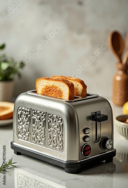 Obraz Electric toaster with ornate design toasting bread in clean kitchen  