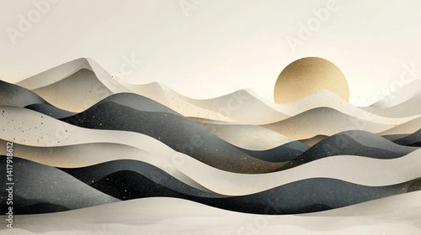 Obraz Serene Landscape with Gradient Waves and Gilded Sun Abstract Illustration