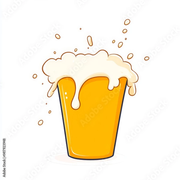 Fototapeta Golden beer overflowing from a plastic cup, set against a pristine white backdrop, inviting and refreshing appearance.