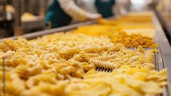 Fototapeta Golden waves of pasta flowing on a conveyor belt, a delicious journey from production to plate, showcasing the warm hues and textures of freshly made noodles.