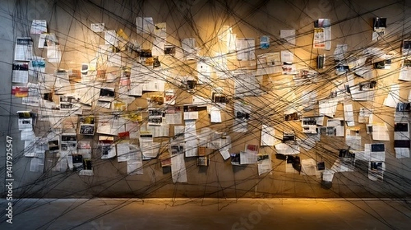 Fototapeta A chaotic and dim lit wall covered in a web of strings newspaper clippings and other evidence suggesting an intricate investigation into unexplained phenomena and conspiracy theories