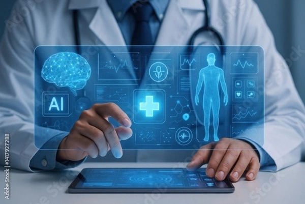 Fototapeta Close-up of hands doctor using high-tech medical interface with holographic AI tools for diagnostics and personalized healthcare research