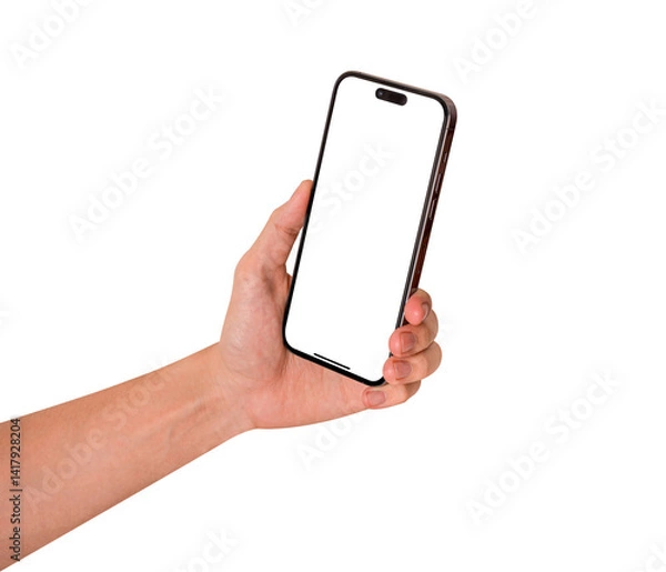 Obraz Hand showing smartphone with blank screen isolated. High quality studio shot. Concept for technology, business, finance and advertising.	
